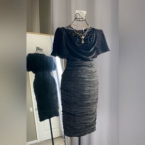 Nicole Miller Collection Black Metallic Ruched Flutter Cocktail Figure Dress 8